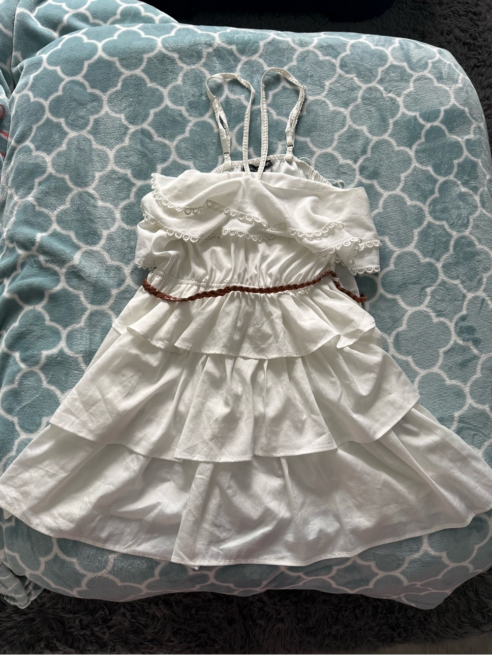 BRAND NEW Women’s  White Ruffle Tiered Dress with Braided Belt